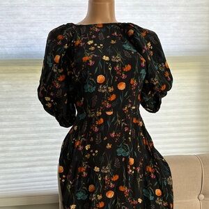 a new day Black Floral Puff-Sleeve Midi Dress with Orange & Teal Accents